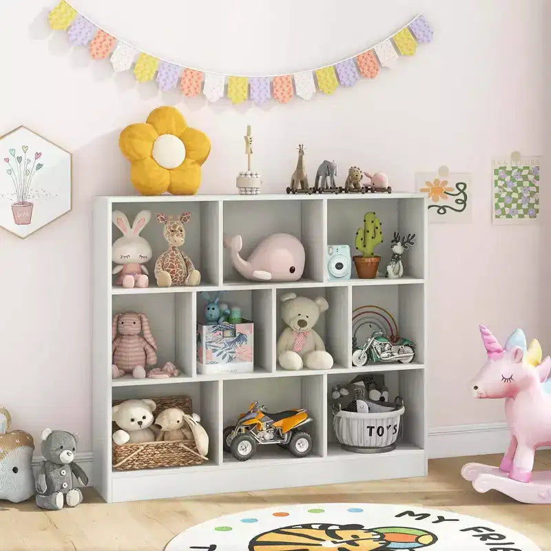 Costway 10-Cube Bookcase for Kids 41Wooden Toy Storage Organizer for Kids Room White/Natural