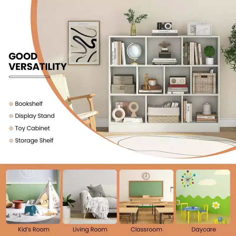 Costway 10-Cube Bookcase for Kids 41Wooden Toy Storage Organizer for Kids Room White/Natural