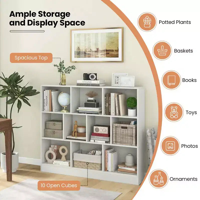 Costway 10-Cube Bookcase for Kids 41Wooden Toy Storage Organizer for Kids Room White/Natural