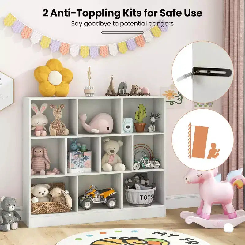 Costway 10-Cube Bookcase for Kids 41Wooden Toy Storage Organizer for Kids Room White/Natural