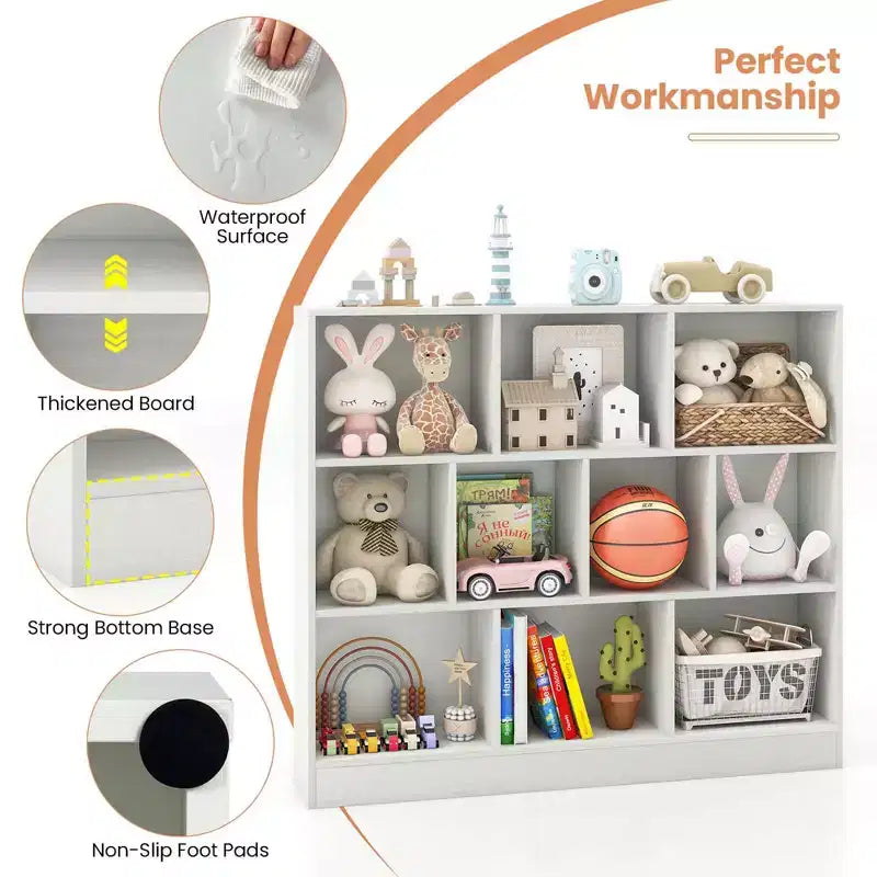 Costway 10-Cube Bookcase for Kids 41Wooden Toy Storage Organizer for Kids Room White/Natural