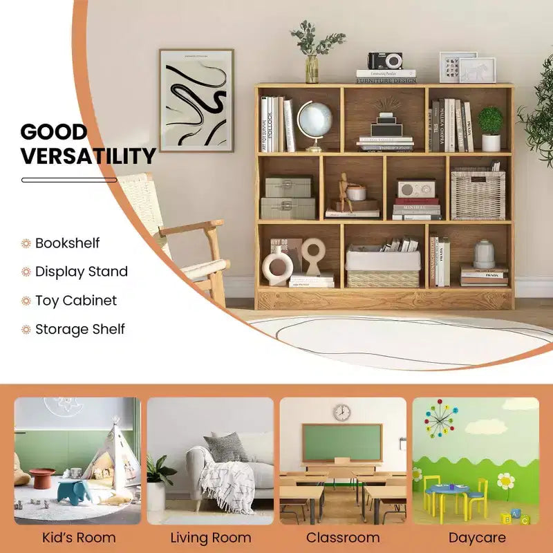 Costway 10-Cube Bookcase for Kids 41Wooden Toy Storage Organizer for Kids Room White/Natural