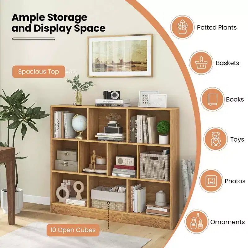 Costway 10-Cube Bookcase for Kids 41Wooden Toy Storage Organizer for Kids Room White/Natural