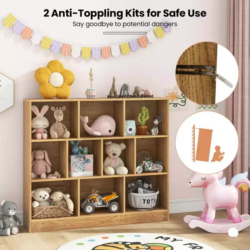 Costway 10-Cube Bookcase for Kids 41Wooden Toy Storage Organizer for Kids Room White/Natural