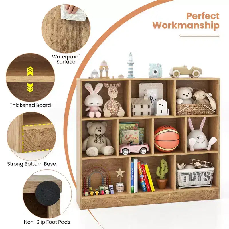 Costway 10-Cube Bookcase for Kids 41Wooden Toy Storage Organizer for Kids Room White/Natural