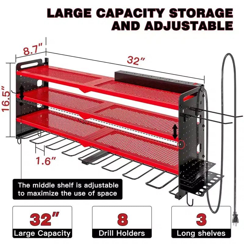 Hausource 4-Tier Power Tools Organizer Wall Mount Utility Storage Shelves, 8 Drill Holder, Red/Black/Yellow