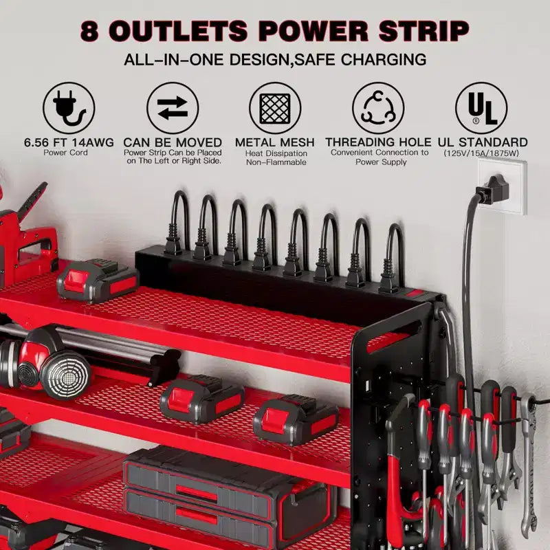 Hausource 4-Tier Power Tools Organizer Wall Mount Utility Storage Shelves, 8 Drill Holder, Red/Black/Yellow