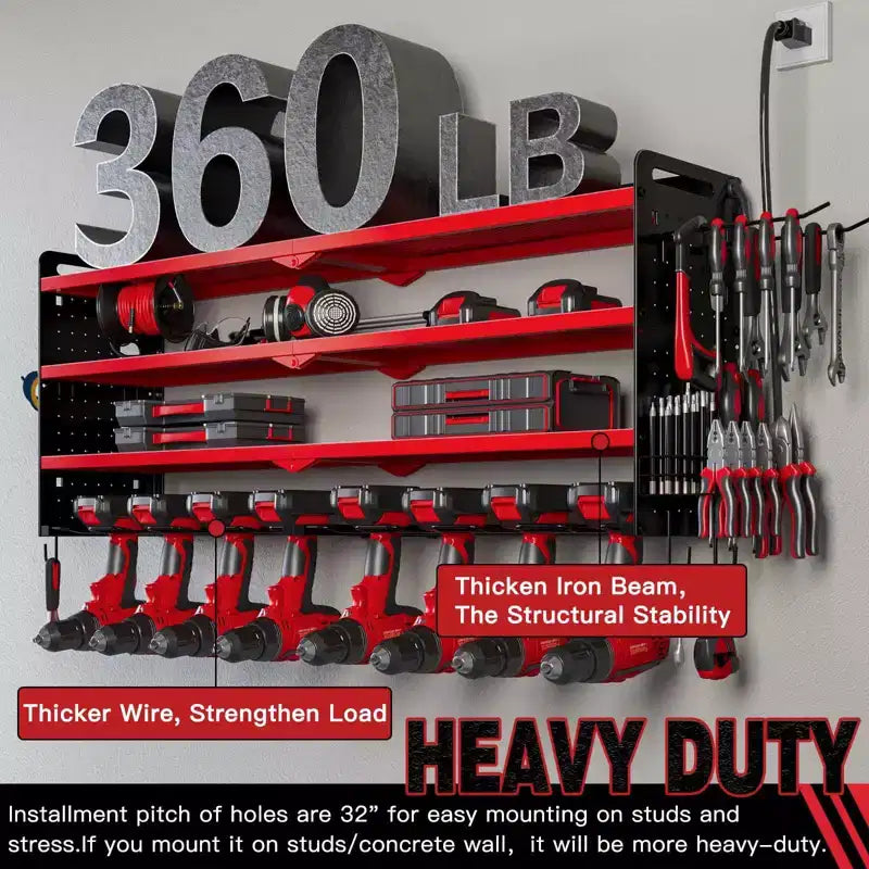 Hausource 4-Tier Power Tools Organizer Wall Mount Utility Storage Shelves, 8 Drill Holder, Red/Black/Yellow