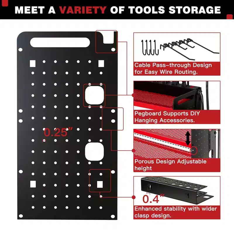 Hausource 4-Tier Power Tools Organizer Wall Mount Utility Storage Shelves, 8 Drill Holder, Red/Black/Yellow