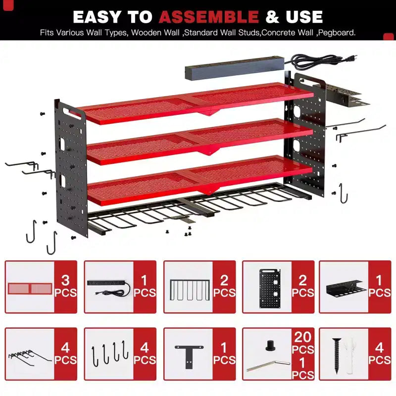 Hausource 4-Tier Power Tools Organizer Wall Mount Utility Storage Shelves, 8 Drill Holder, Red/Black/Yellow
