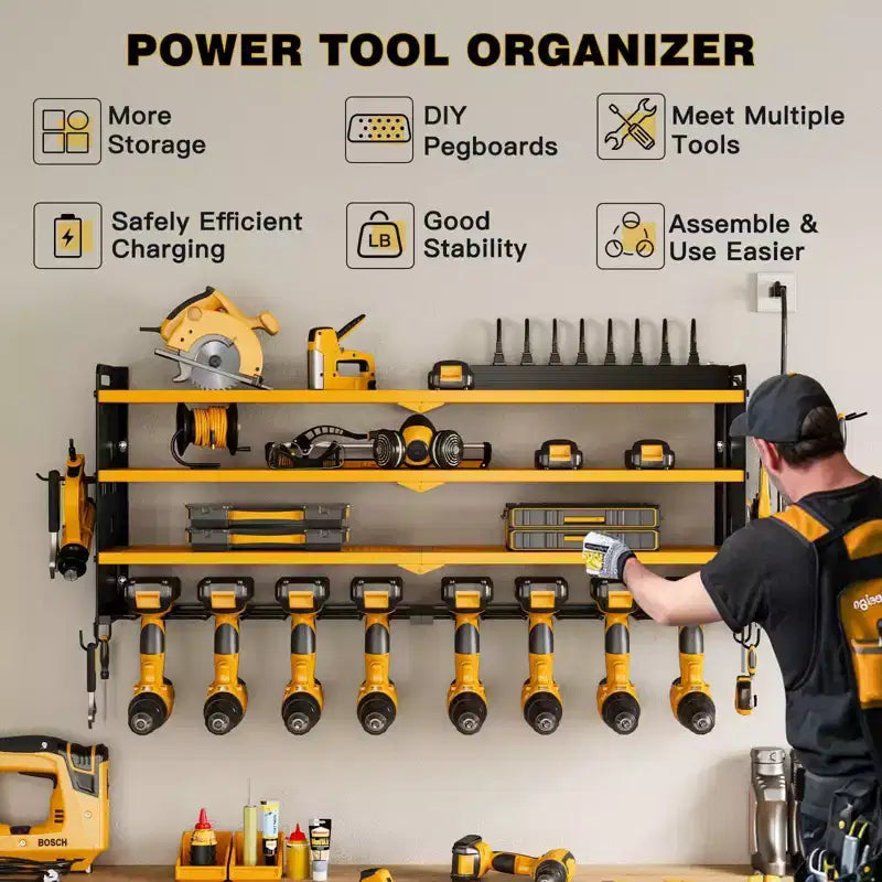 Hausource 4-Tier Power Tools Organizer Wall Mount Utility Storage Shelves, 8 Drill Holder, Red/Black/Yellow