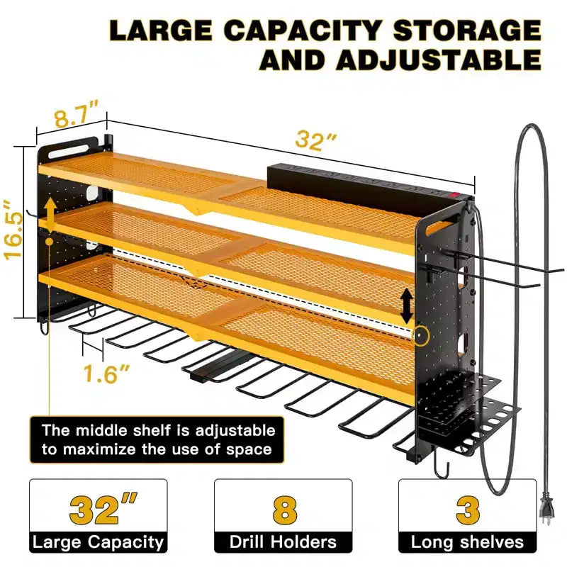 Hausource 4-Tier Power Tools Organizer Wall Mount Utility Storage Shelves, 8 Drill Holder, Red/Black/Yellow