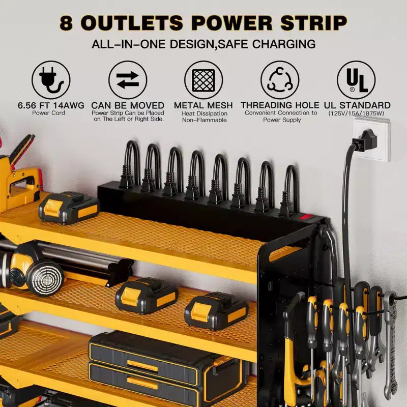 Hausource 4-Tier Power Tools Organizer Wall Mount Utility Storage Shelves, 8 Drill Holder, Red/Black/Yellow