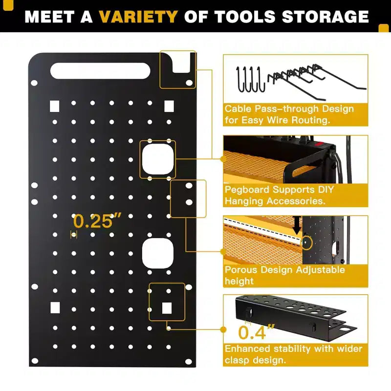 Hausource 4-Tier Power Tools Organizer Wall Mount Utility Storage Shelves, 8 Drill Holder, Red/Black/Yellow