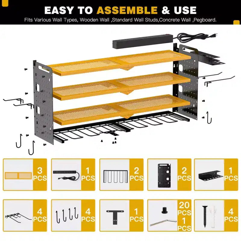 Hausource 4-Tier Power Tools Organizer Wall Mount Utility Storage Shelves, 8 Drill Holder, Red/Black/Yellow