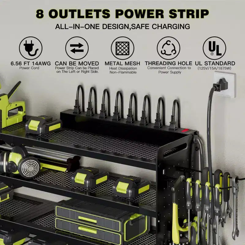 Hausource 4-Tier Power Tools Organizer Wall Mount Utility Storage Shelves, 8 Drill Holder, Red/Black/Yellow