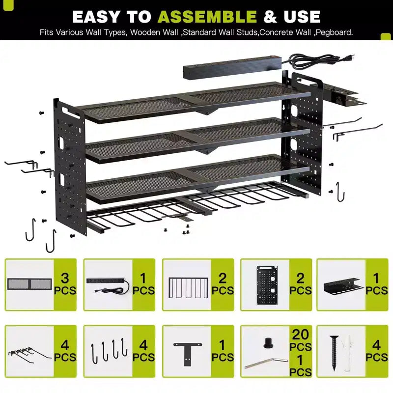 Hausource 4-Tier Power Tools Organizer Wall Mount Utility Storage Shelves, 8 Drill Holder, Red/Black/Yellow