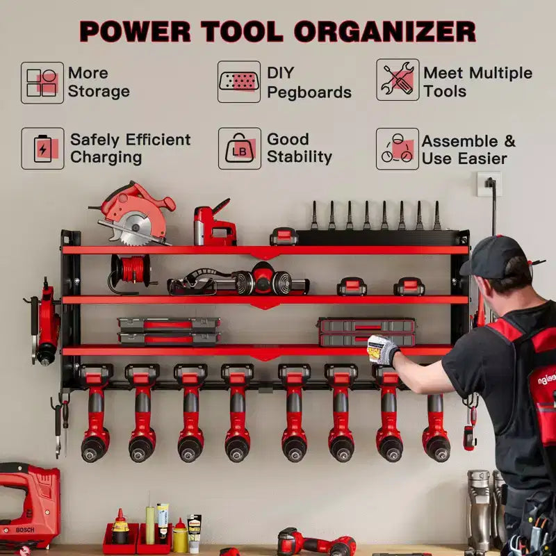 Hausource 4-Tier Power Tools Organizer Wall Mount Utility Storage Shelves, 8 Drill Holder, Red/Black/Yellow