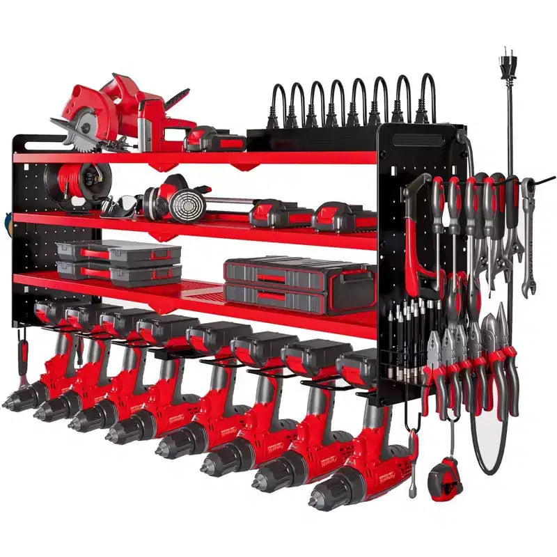 Hausource 4-Tier Power Tools Organizer Wall Mount Utility Storage Shelves, 8 Drill Holder, Red/Black/Yellow