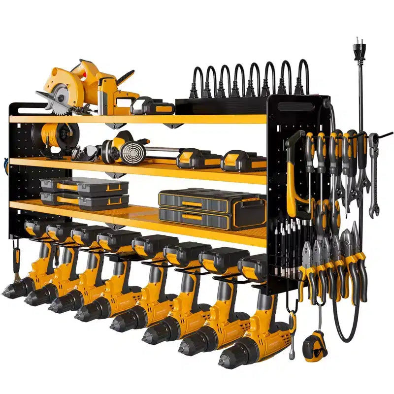 Hausource 4-Tier Power Tools Organizer Wall Mount Utility Storage Shelves, 8 Drill Holder, Red/Black/Yellow