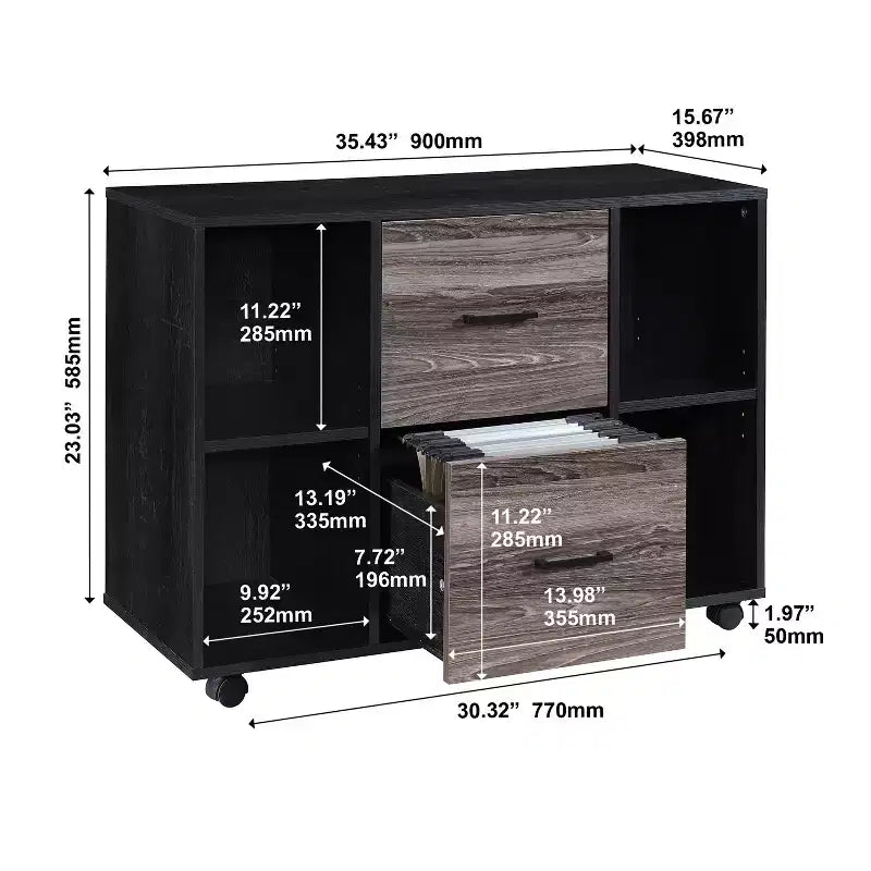 AndMakers 3-Drawer 39in. W File Cabinet for Home Office, Mobile Lateral Filing Cabinet, Printer Stand with Open Storage Shelves
