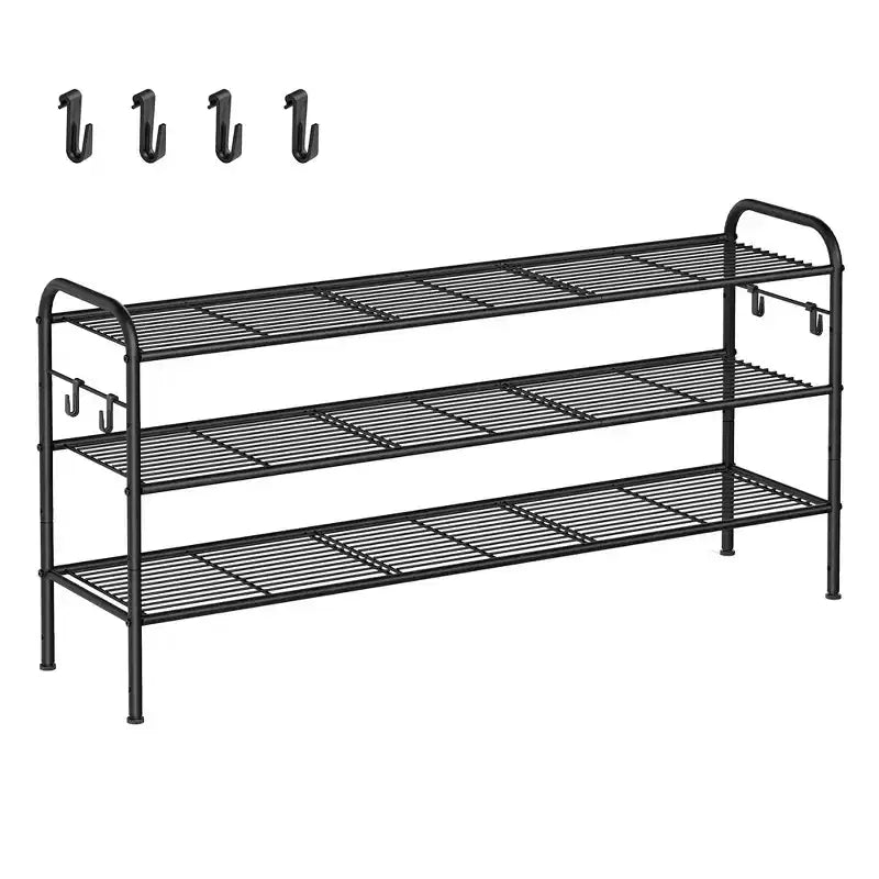 SONGMICS Shoe Rack, 3-Tier Shoe Organizer, Metal Shoe Shelf Storage with 4 Side Hooks, Holds 18 Pairs of Shoes, Height-Adjustable Shoe Rack, Ink Black