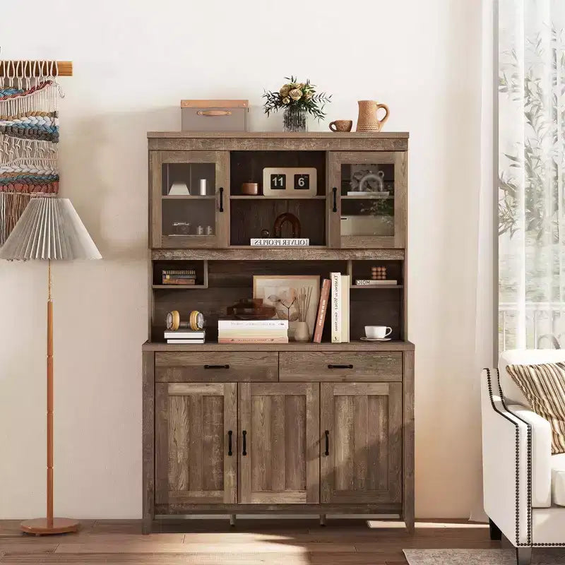 Costway Kitchen Pantry Cabinet with Microwave Countertop Double Glass Doors 2 Drawers