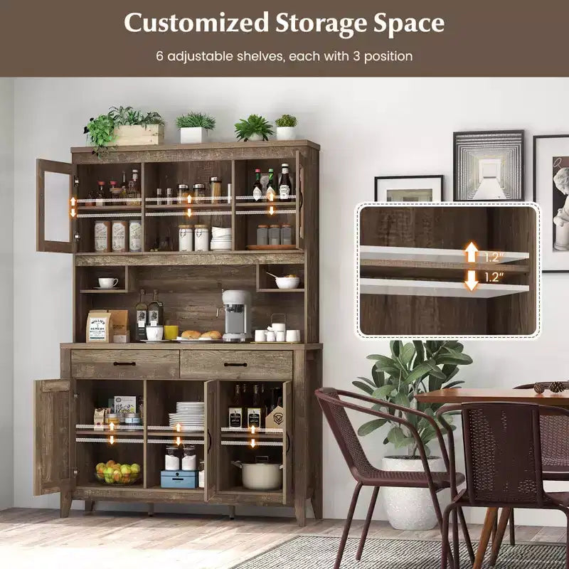 Costway Kitchen Pantry Cabinet with Microwave Countertop Double Glass Doors 2 Drawers