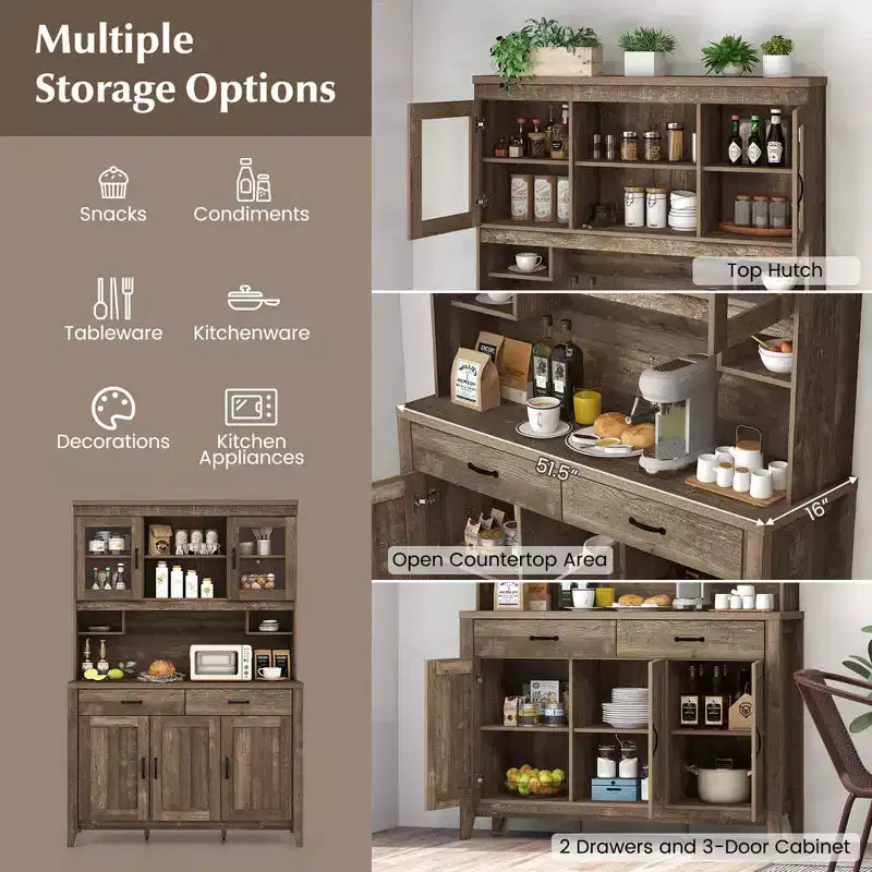 Costway Kitchen Pantry Cabinet with Microwave Countertop Double Glass Doors 2 Drawers