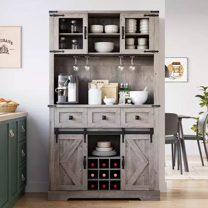 72 Farmhouse Bar Cabinet with Sliding Barn Door, Tall Kitchen Buffet with Storage Hutch and 3 Drawer
