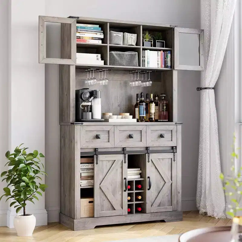 72 Farmhouse Bar Cabinet with Sliding Barn Door, Tall Kitchen Buffet with Storage Hutch and 3 Drawer
