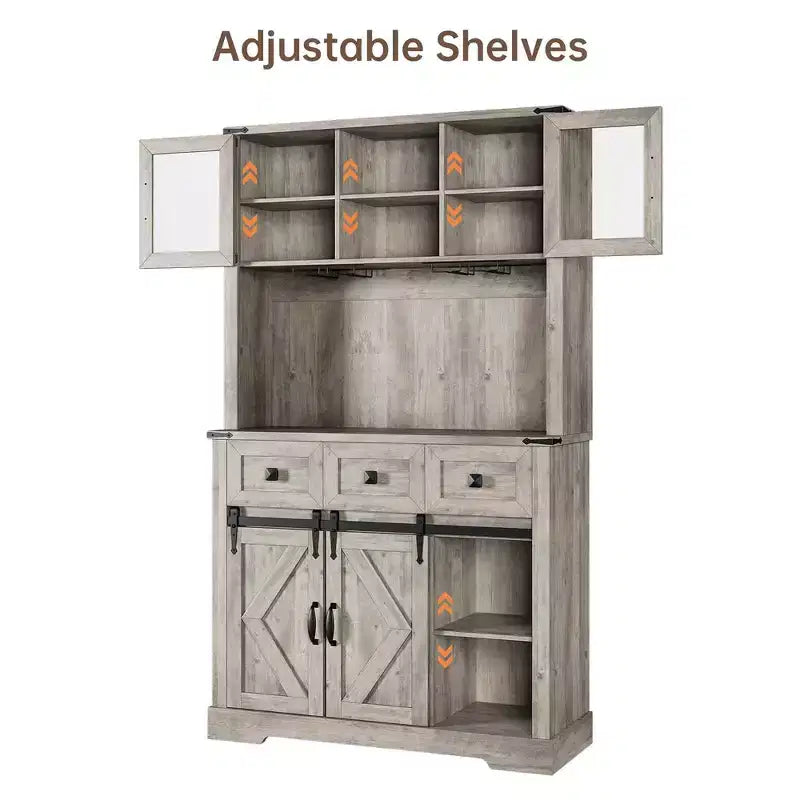 72 Farmhouse Bar Cabinet with Sliding Barn Door, Tall Kitchen Buffet with Storage Hutch and 3 Drawer