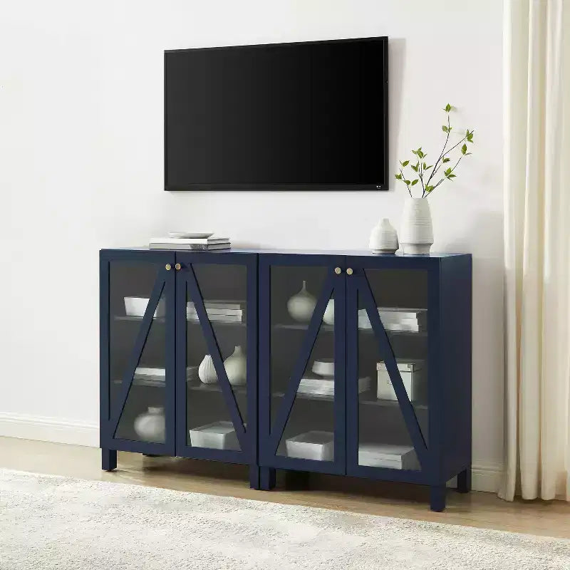 Crosley 60 Cassai 2pc Media Sideboard Cabinet: Glass Doors, Adjustable Shelves, Cable Management