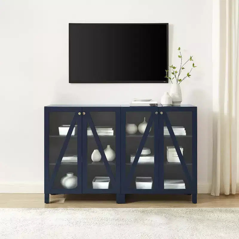 Crosley 60 Cassai 2pc Media Sideboard Cabinet: Glass Doors, Adjustable Shelves, Cable Management