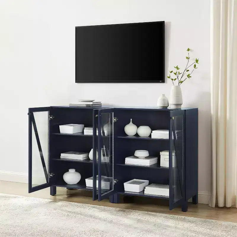 Crosley 60 Cassai 2pc Media Sideboard Cabinet: Glass Doors, Adjustable Shelves, Cable Management