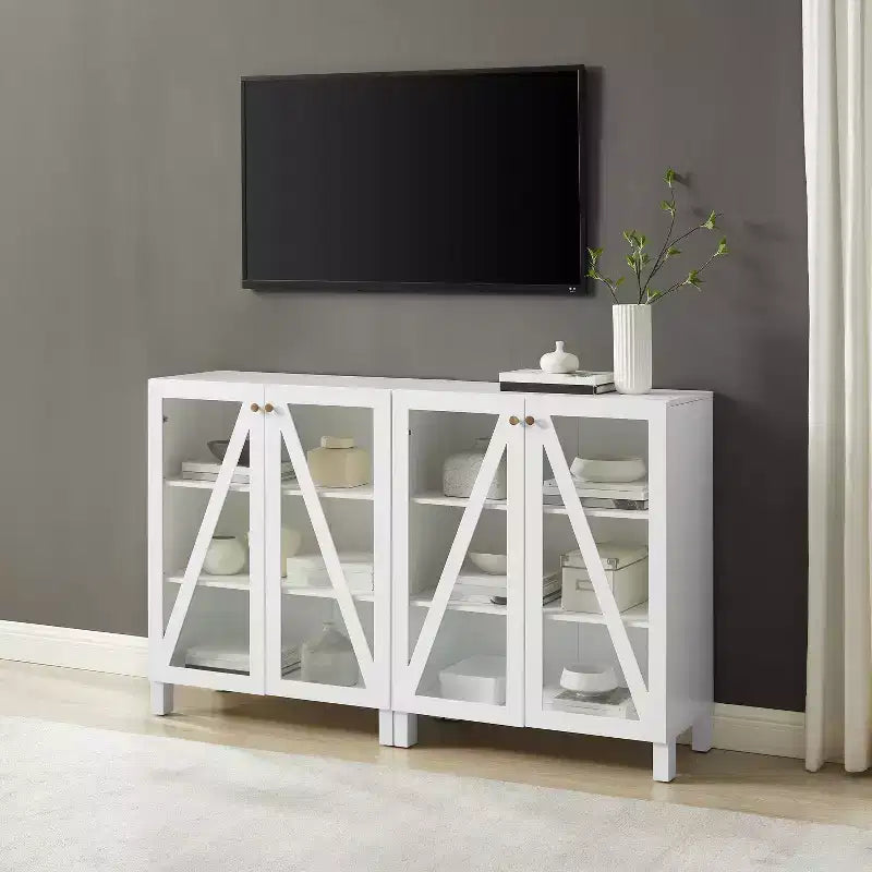 Crosley 60 Cassai 2pc Media Sideboard Cabinet: Glass Doors, Adjustable Shelves, Cable Management
