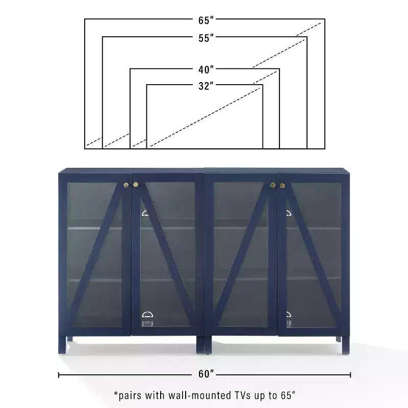 Crosley 60 Cassai 2pc Media Sideboard Cabinet: Glass Doors, Adjustable Shelves, Cable Management