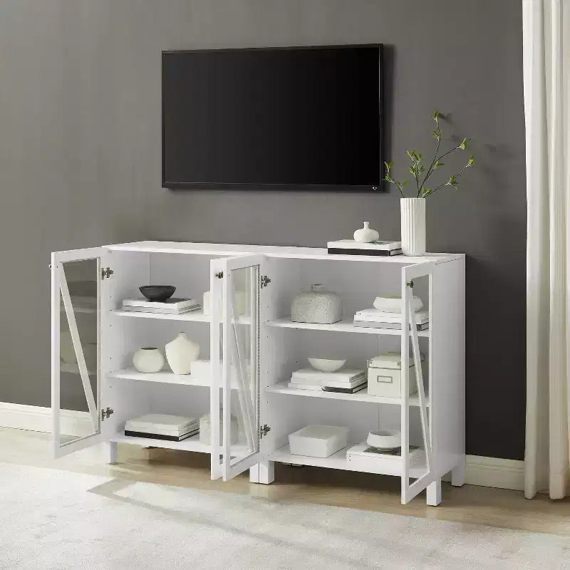 Crosley 60 Cassai 2pc Media Sideboard Cabinet: Glass Doors, Adjustable Shelves, Cable Management