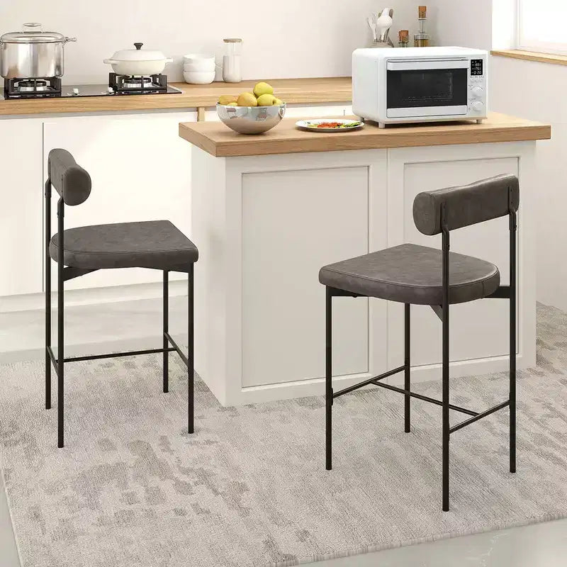 Costway 26 Upholstered Bar Stools Set of 2 with Padded Cushion & Backrest Footrest Brown/Gray