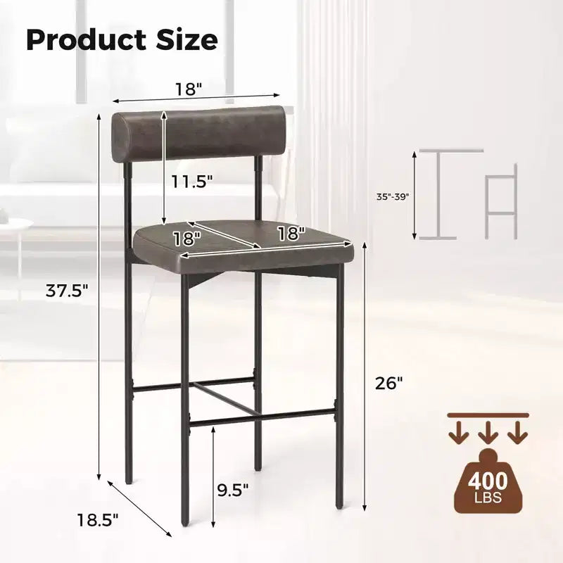 Costway 26 Upholstered Bar Stools Set of 2 with Padded Cushion & Backrest Footrest Brown/Gray