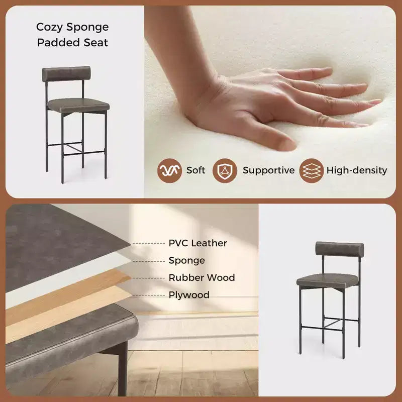 Costway 26 Upholstered Bar Stools Set of 2 with Padded Cushion & Backrest Footrest Brown/Gray