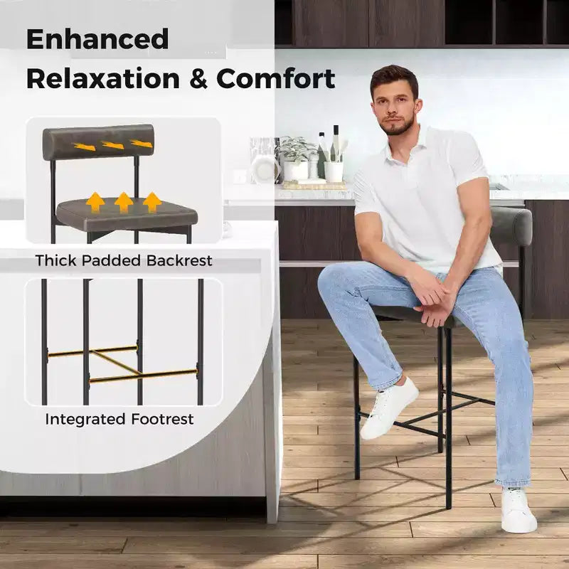 Costway 26 Upholstered Bar Stools Set of 2 with Padded Cushion & Backrest Footrest Brown/Gray
