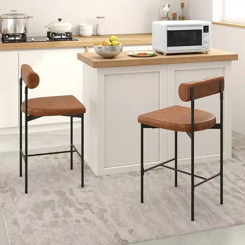 Costway 26 Upholstered Bar Stools Set of 2 with Padded Cushion & Backrest Footrest Brown/Gray