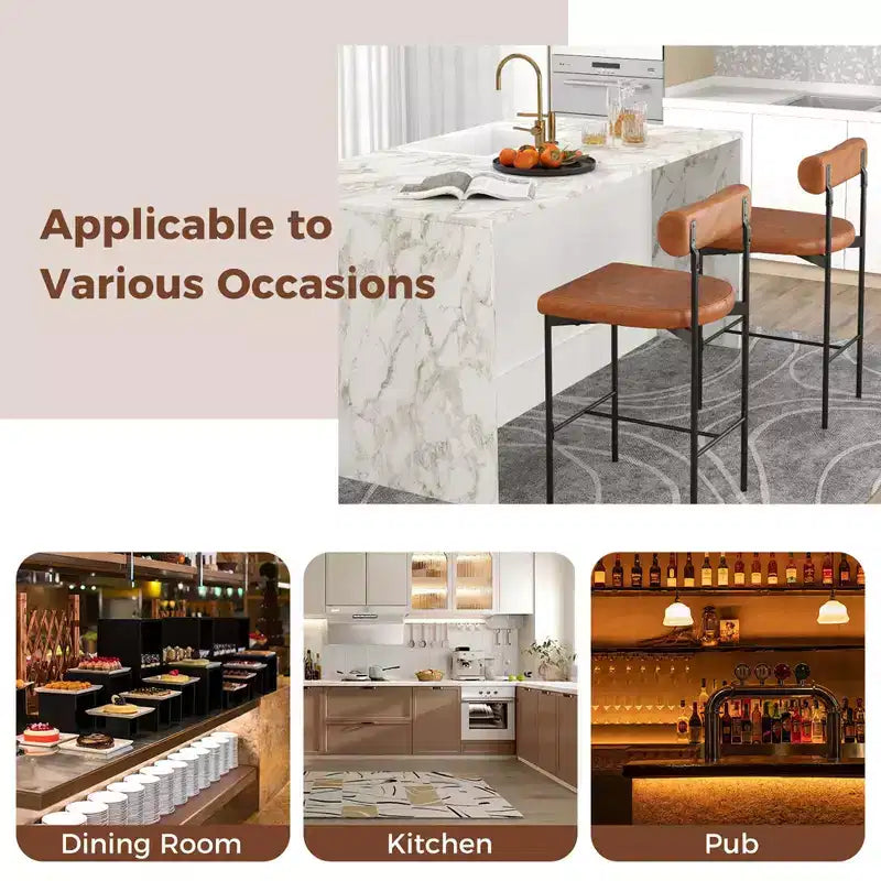 Costway 26 Upholstered Bar Stools Set of 2 with Padded Cushion & Backrest Footrest Brown/Gray