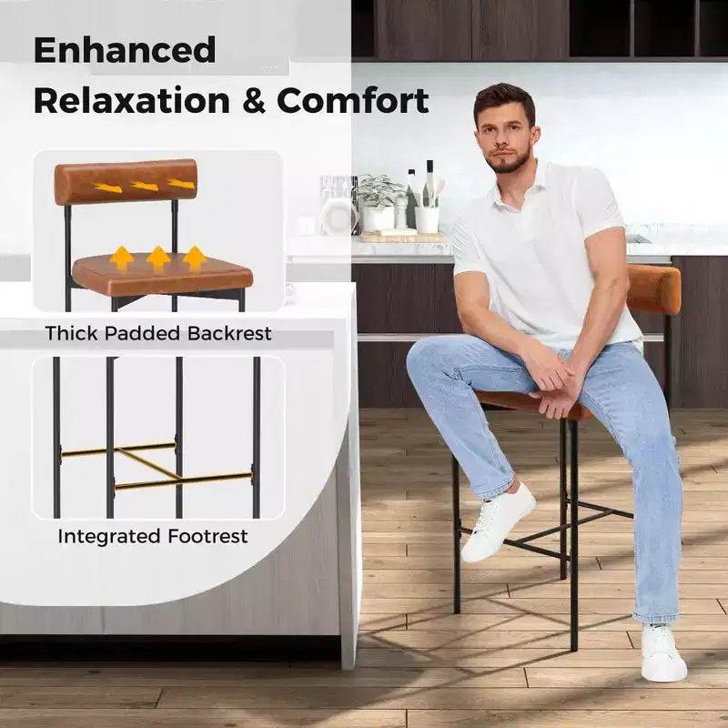 Costway 26 Upholstered Bar Stools Set of 2 with Padded Cushion & Backrest Footrest Brown/Gray