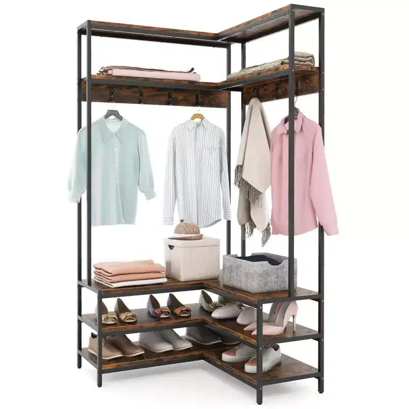 Costway Corner Garment Rack L-shaped Clothes Rack with Open Shelves & Adjustable Foot Pads Rustic Brown/Walnut/White