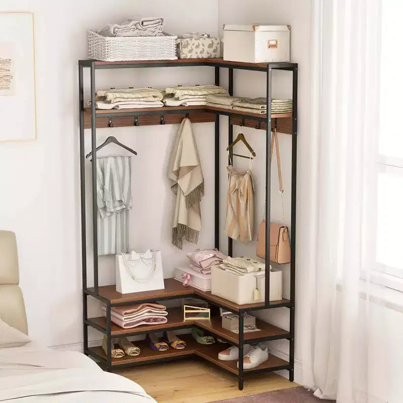 Costway Corner Garment Rack L-shaped Clothes Rack with Open Shelves & Adjustable Foot Pads Rustic Brown/Walnut/White