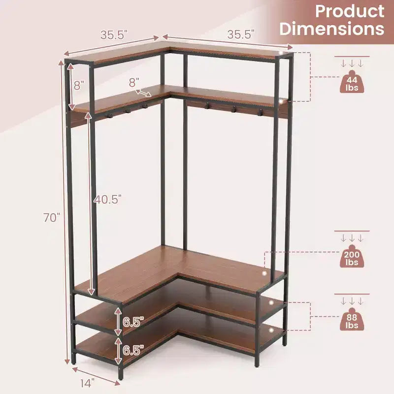 Costway Corner Garment Rack L-shaped Clothes Rack with Open Shelves & Adjustable Foot Pads Rustic Brown/Walnut/White