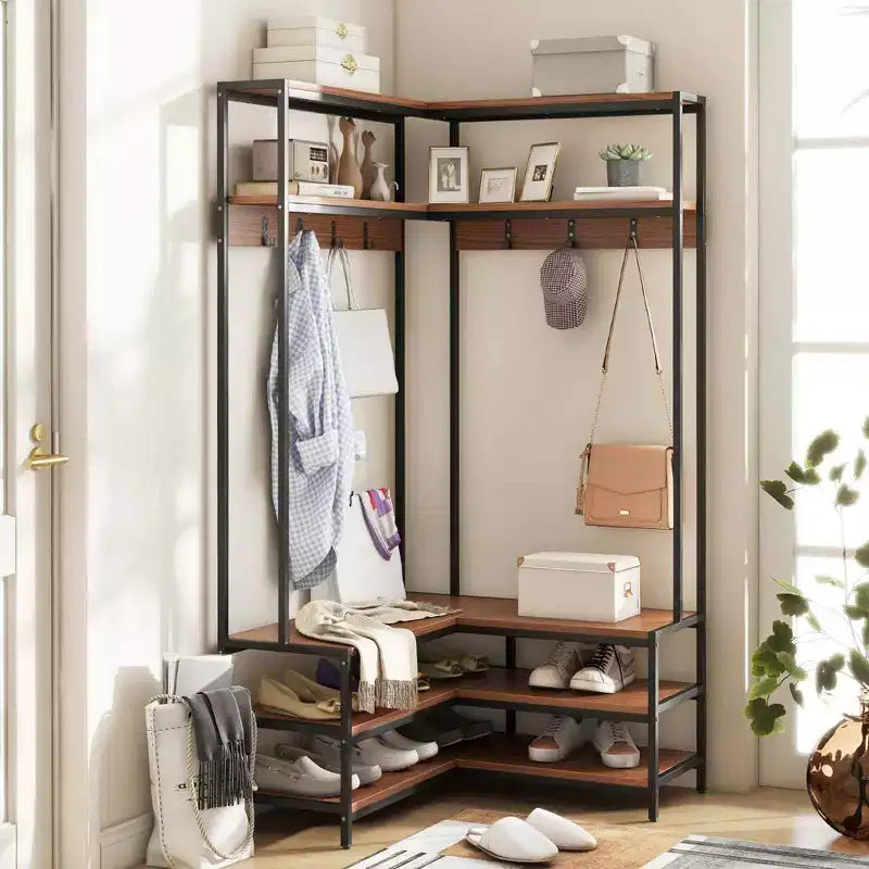 Costway Corner Garment Rack L-shaped Clothes Rack with Open Shelves & Adjustable Foot Pads Rustic Brown/Walnut/White