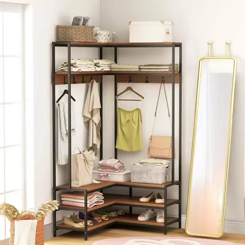 Costway Corner Garment Rack L-shaped Clothes Rack with Open Shelves & Adjustable Foot Pads Rustic Brown/Walnut/White